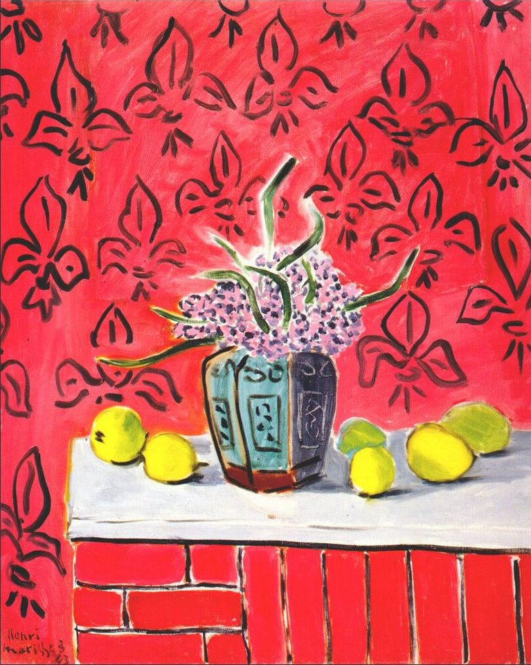 1943 Hyacinths_and_Lemons,_Fleur-de-Lis_Background
